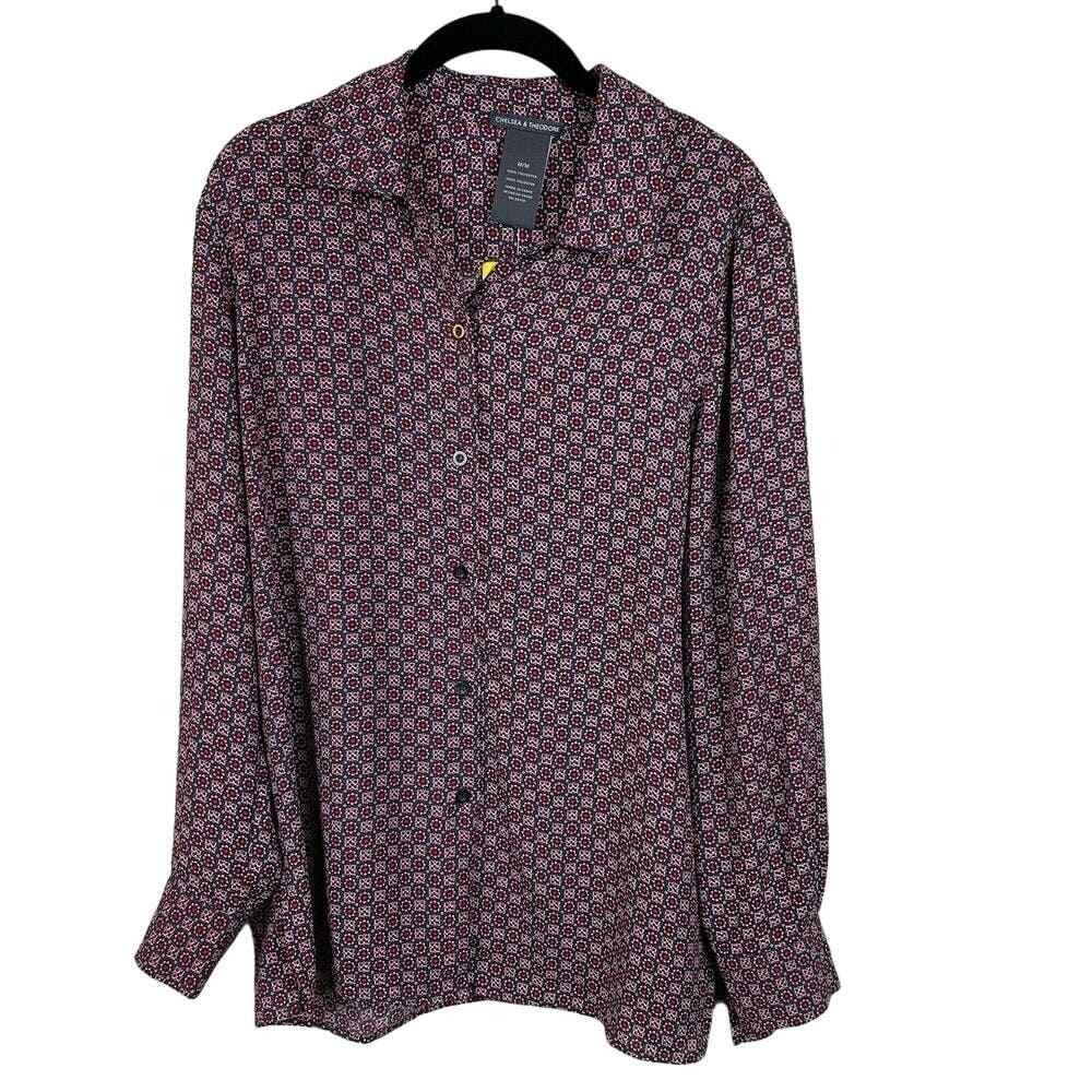 NWT Chelsea & Theodore M Red Gray Floral Blouse Long Sleeve Button Down